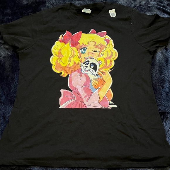Port and Company Tops - Anime Candy Cane and Raccoon Black T-Shirt (Ladies XL)